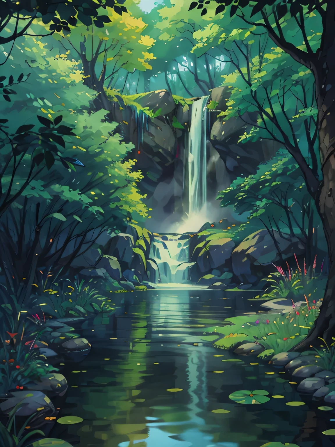 Ghibli、landscape、forest、waterfall、small pond