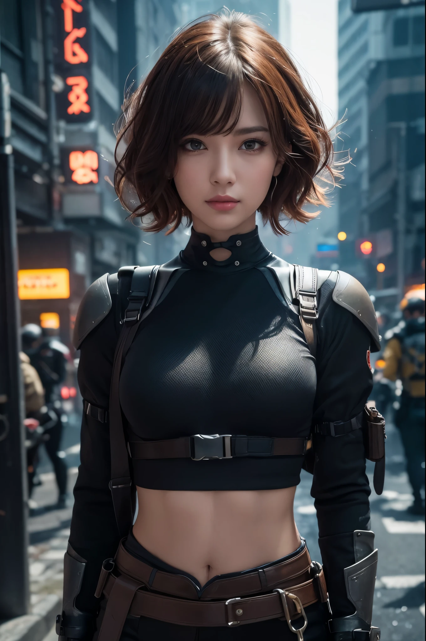 8k,Highly detailed illustration, Ultra-high resolution, masterpiece, highest quality, Perfect glowing skin, Perfect lighting, Detailed lighting, Dramatic Shadows, Ray Tracing, Beautiful Caucasian Woman, Looking at the audience, Small breasts, Beautifully detailed hazel eyes, Sharp Face, Clear Eyes, Red lips, Long bangs, Short Curly Hair, Red hair, ((Cyberpunk Dark City)), Upper Body, Combat Uniform, Military Harness,masterpiece,highest qualityのフォトリアリスティックなRAW写真。Bright colors,Rich colors, Backlight, Cinema Lighting, Film Grain, to be born, 50mm lens, Nikon D850,Detailed character art,Fantasy art,Ultra-high resolution,Ultra-Realistic Skin,Perfect hand shape,Mountain trail,Sharp Eyes,Holding a weapon(Combat knife),