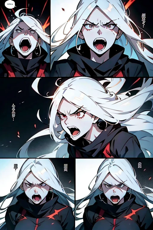 Girl with long white hair extremely angry and screaming, intense fighting scene and expressions, manga page with panels and dialogue