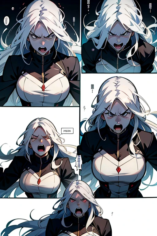 Girl with long white hair  extremely angry and screaming, intense fighting scene and expressions, manga page with panels and dialogue 