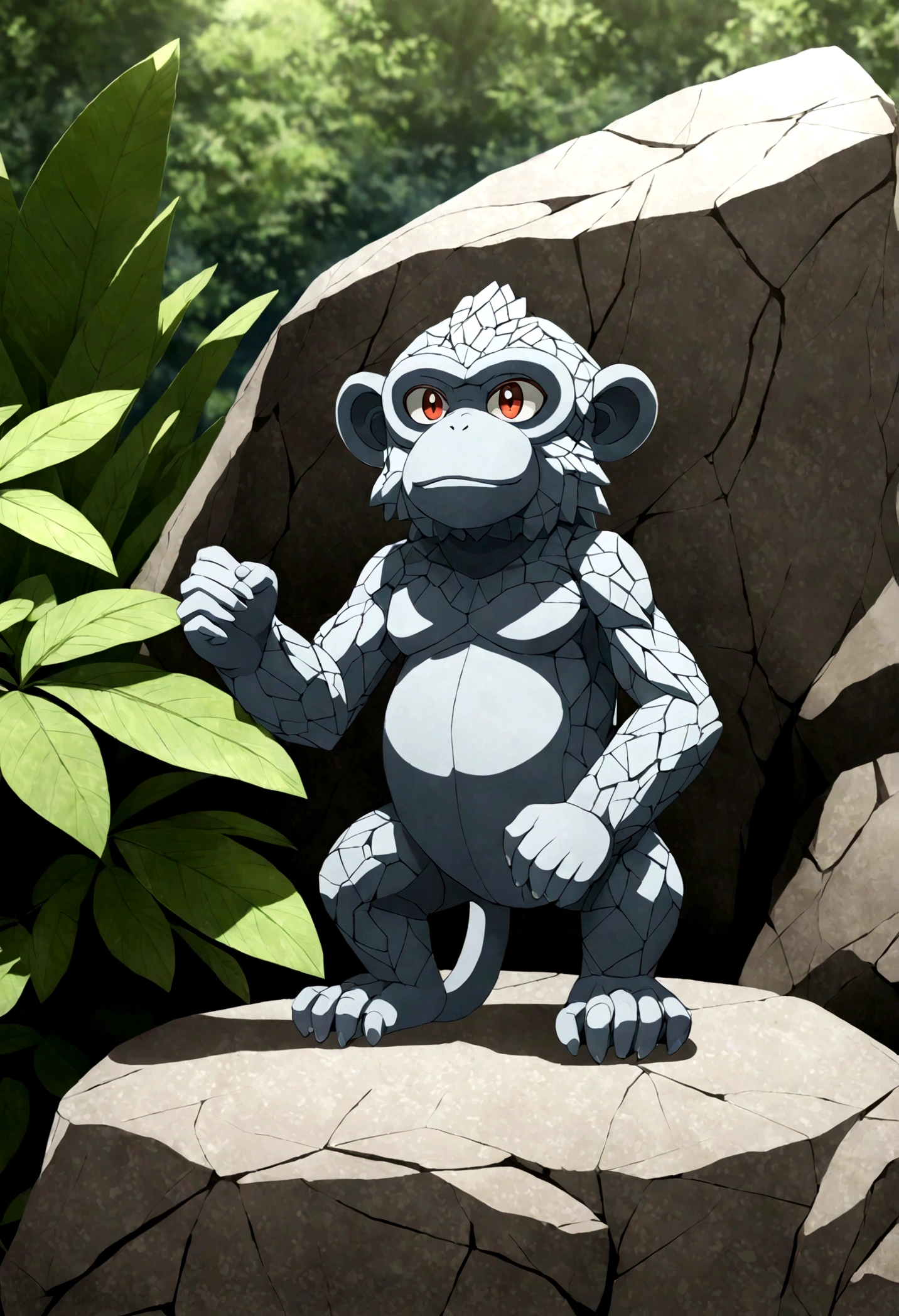 in the style of pokemon, rock statue-like monkey pokemon, rock type with rock body