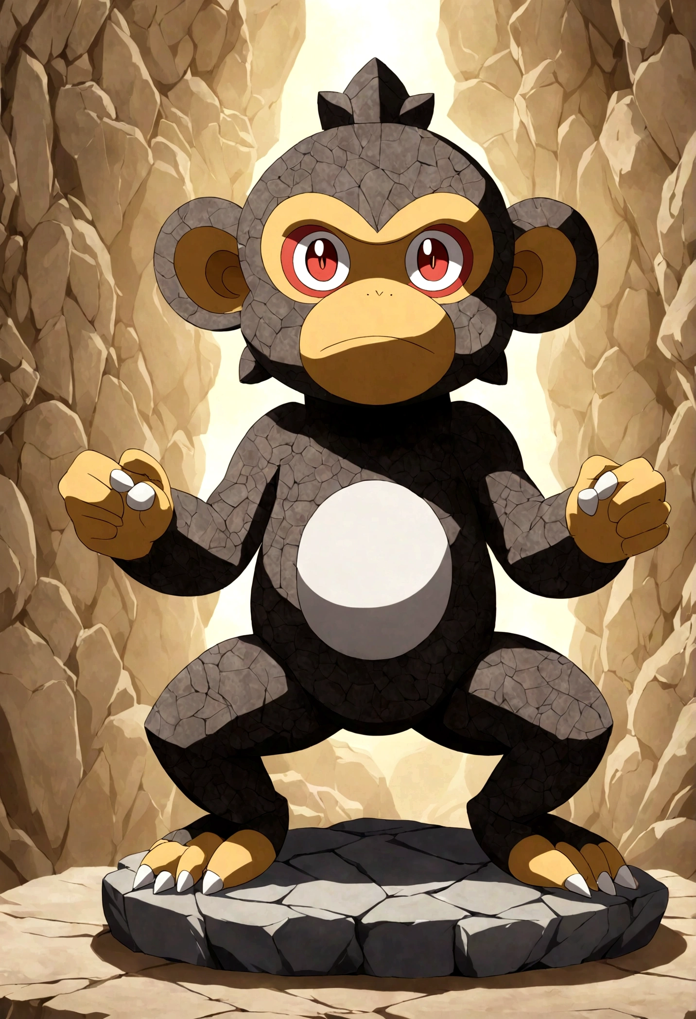 in the style of pokemon, rock statue-like monkey pokemon, rock type with rock body