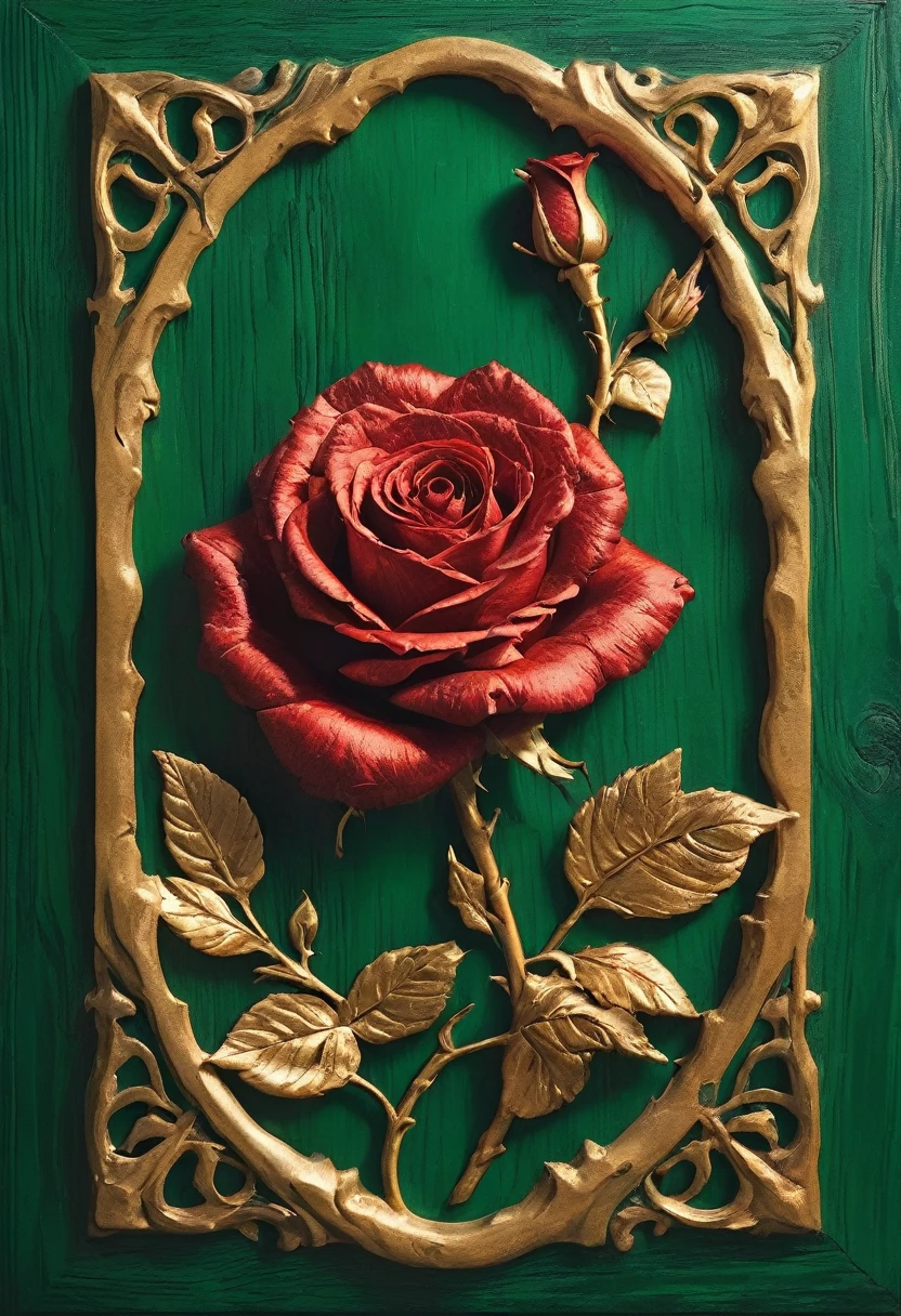 A captivating and enchanting piece of artwork portrays a graceful female silhouette illuminated in warm, golden hues. The subject tenderly holds a dramatic red rose, intricately designed with golden outlines that accentuate the delicate beauty. The deep green background, reminiscent of a wooden surface, adds depth and contrast to the piece. This masterful creation is a breathtaking embodiment of the love for art and the transformative power of creative expression.
