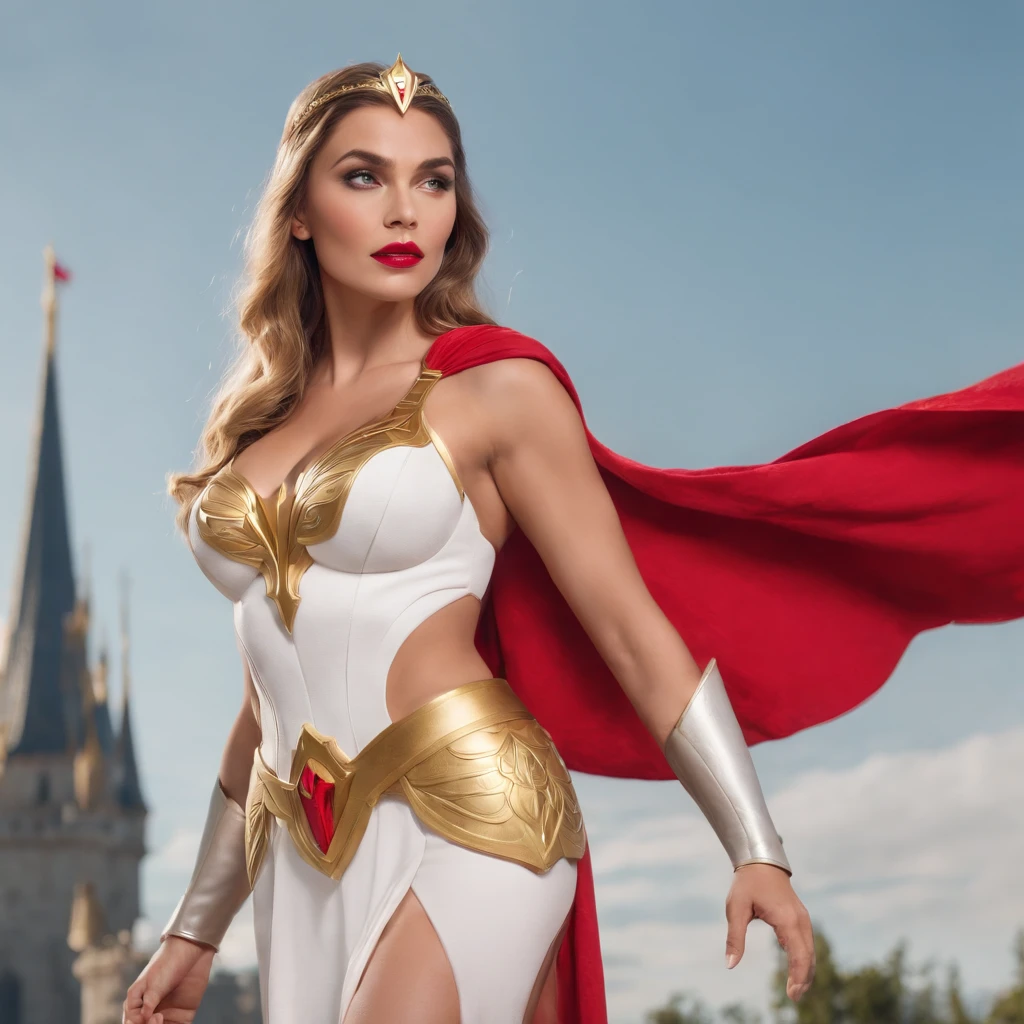 She-ra, the princess of power, red lips ((huge hard breasts, thick, very round)) ((small thin ass) very thin, thin hips. wearing a short white dress, yellow boots, armor on her belly, a small red cape on her shoulder. standing in front of the crystal castle