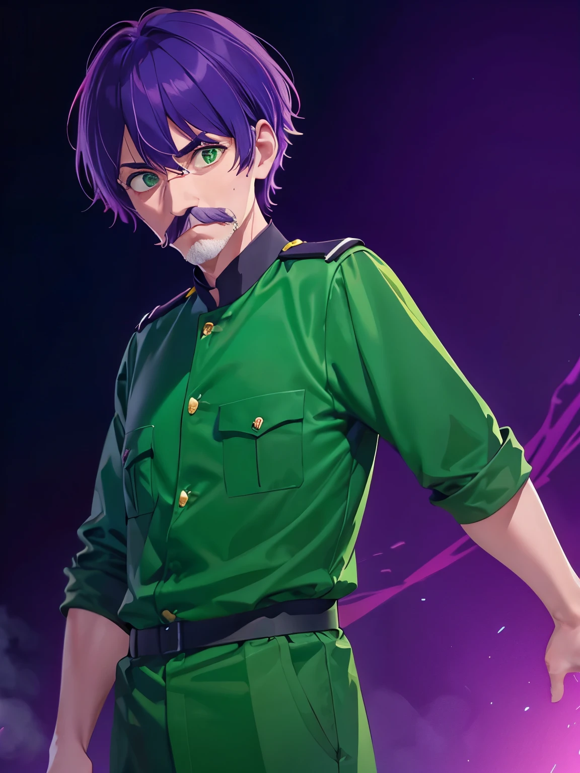 1 old man, 70 years old, short hair, Hands forward,purple hair, green eyes, purple mustache, green army uniform,ultra detail, ultra HD, standing,Thin body,half body photo