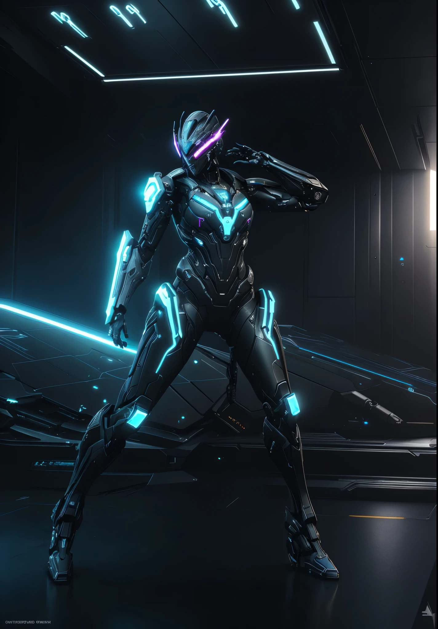 dreamlikeart, 3d render of futuristic military cyborg, cyberpunk, warframe, stealth, armored, neon lights, character design, hard surface, smooth, detailed face, highly detailed, intricate details, symmetrical, volumetric lighting, ambient light, real-time, vfx, digital 3d, uhd, hdr