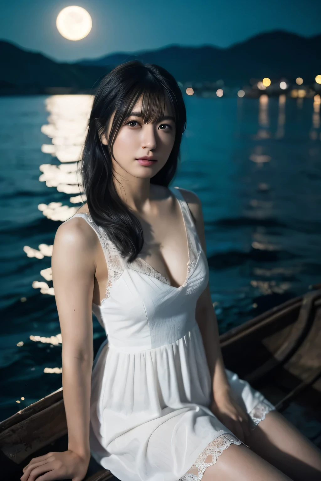 1 girl, (Wear a clean white summer dress:1.3), Very beautiful Japanese idol portraits, 
(RAW Photos, highest quality), (Realistic, Realistic:1.4), (masterpiece), 
Very delicate and beautiful, Very detailed, 2k wallpaper, wonderful, finely, Very detailed CG Unity 8K wallpaper, Very detailed, High resolution, Soft Light, 
Beautiful detailed girl, Very detailed目と顔, Beautiful and sophisticated nose, Finely beautiful eyes, 
(Silhouette Girl),  (Dark sea at night:1.4), (Dark screen), (full moon), (The magical moonlight illuminating the sea),
(Semi-long hair), (The girl is sitting in a dilapidated boat:1.3), (Girl silhouette:1.5), 
Complete Anatomy, Slender body, Small breasts