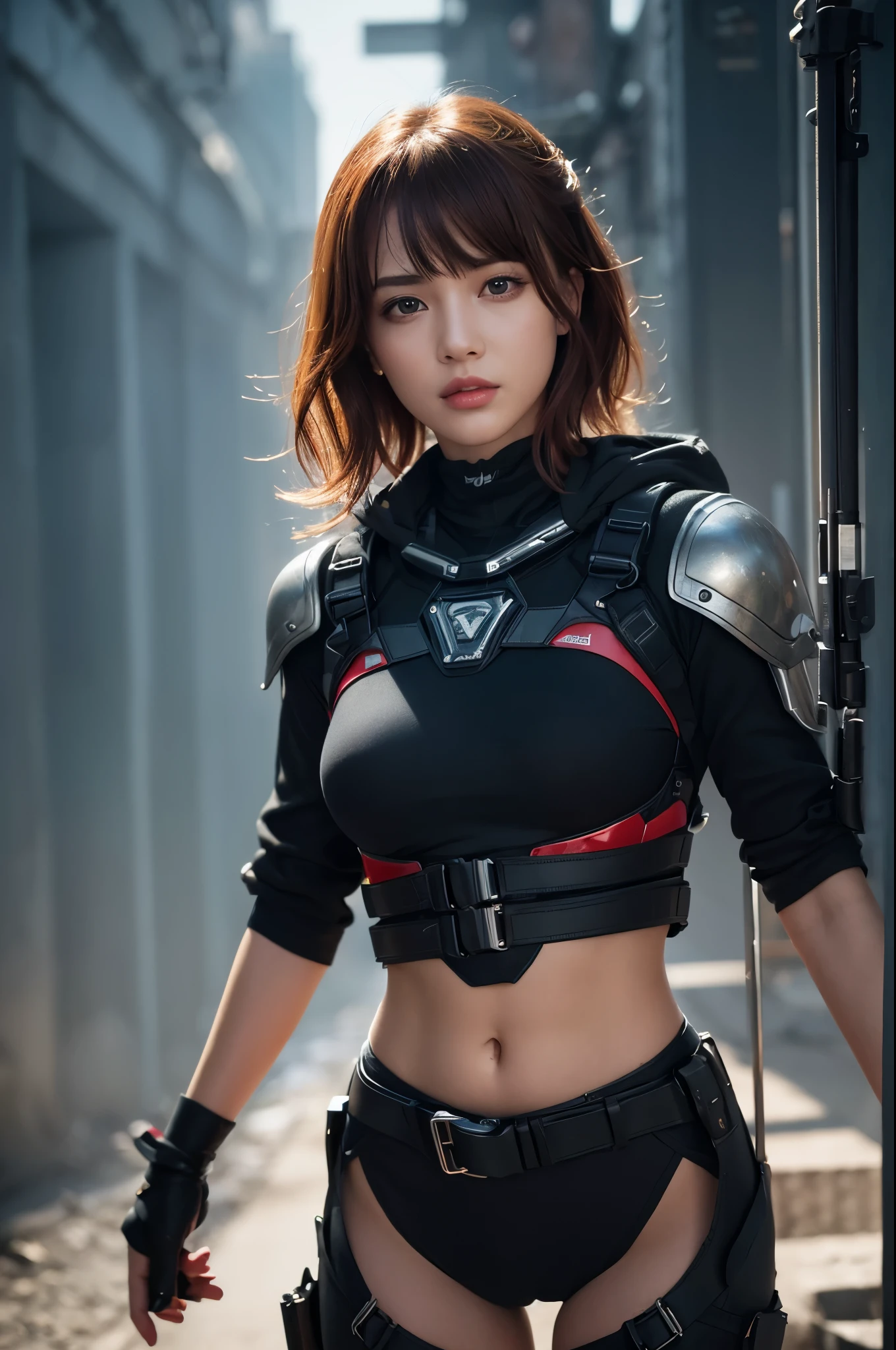 8K,荒れた大地adventure者の衣装,Traveling through the dusty wilderness,Light brown short hair,so beautifulな日本の女性, A very large red and black breastplate(Devil's Crest),so beautiful(Like the real thing),Red and black shoulder armor for the left shoulder(Devil's Crest),Red and black combat trousers,sexy,deviantart artstation cgscosiety, 3DレンダリングCharacter Art8 K, Alena Aenami and Artgerm, Vojtek Fas, Artstation 8K のトレンド, Art Station HDのトレンド, Adventure Ultra-Realistic Rendering, Perfect body with realistic shading, Photorealistic perfect body, Ultra-high resolution,high quality,sexy,Brown short hair,Strongly defined abdominal muscles,Muscular and slim body,Muscular and lean lower body,close,masterpiece,最high qualityのフォトリアリスティックなRAW写真。Bright colors,Rich colors, Backlight, Cinema Lighting, Film Grain, to be born, 50mm lens, Nikon D850,Realistic Skin,Fantasy art,Character Art,Sharp Eyes,adventure,He has a long and big Japanese sword.,brown combat jacket,red and black gauntlets(Devil's Crest),Battle Scenes,Dynamic pose,shout,