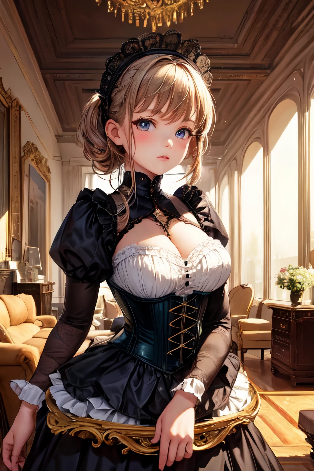 ((highest quality)), ((masterpiece)), (detailed), Staying indoors,((Large furniture)),Perfect Face,Kids,Young,2girl,Gothic,corset,Drawers,Headdress,Frills