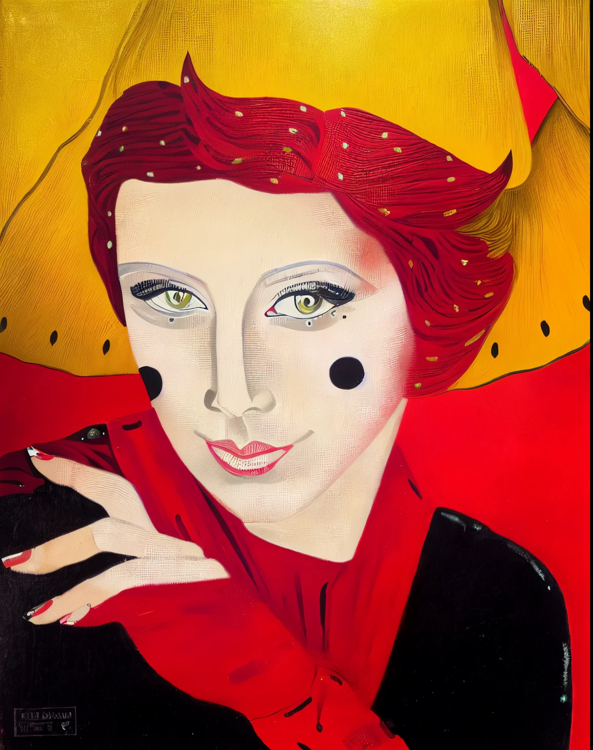 painting of a woman with red polka dots on her face, inspired by Nil Gleyen, portrait of lady gaga, portrait of cate blanchett, inspired by Coles Phillips, inspired by Kees van Dongen, portrait in the style of craola, inspired by Louis Anquetin, art deco portrait, inspired by Francis Bourgeois, portrait tilda swinton