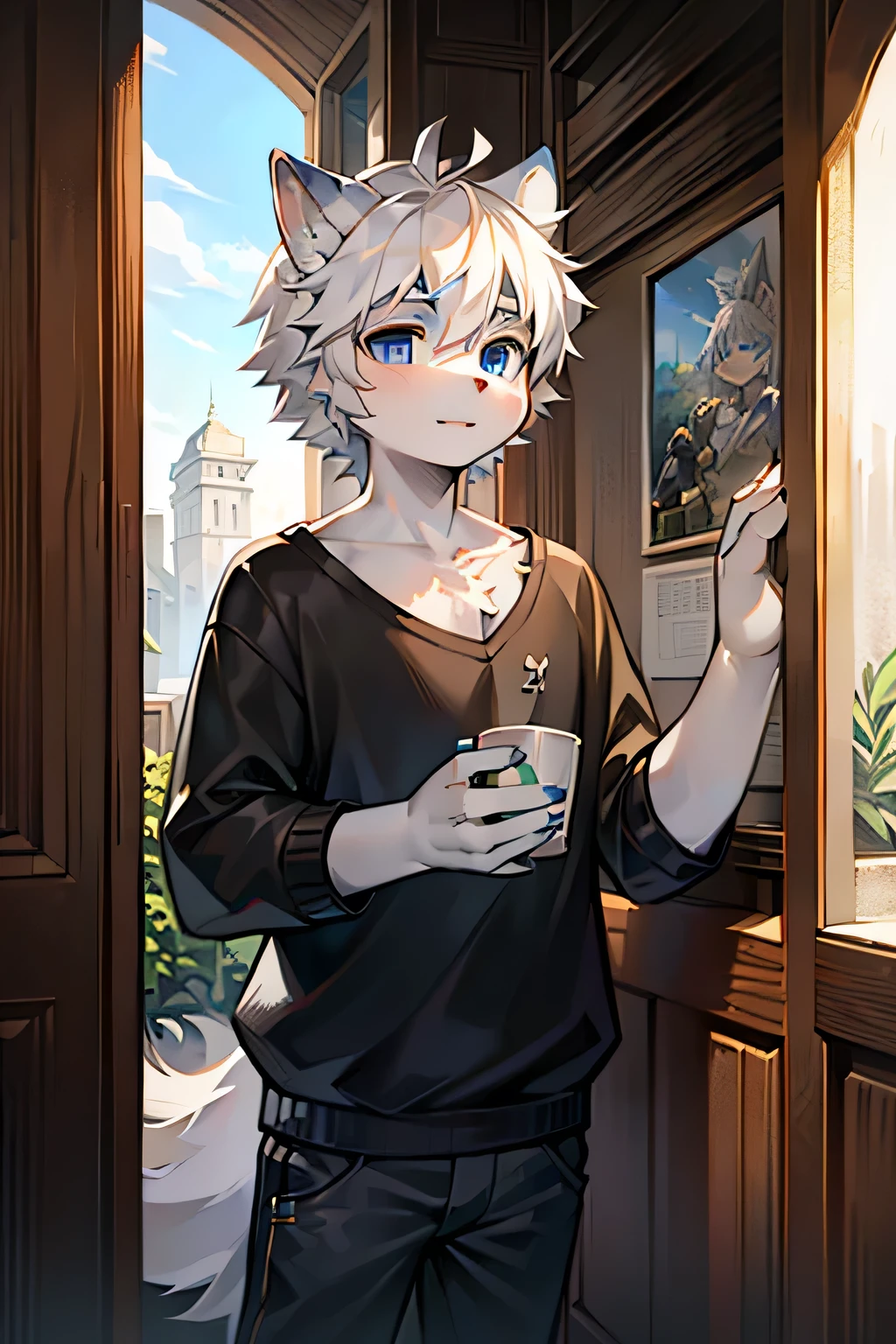 1 Chico, Lobo, White and gray fur, young people, blue eyes, Messy hair, White hair, short hair, masterpiece, Very detailed, Casual Clothing