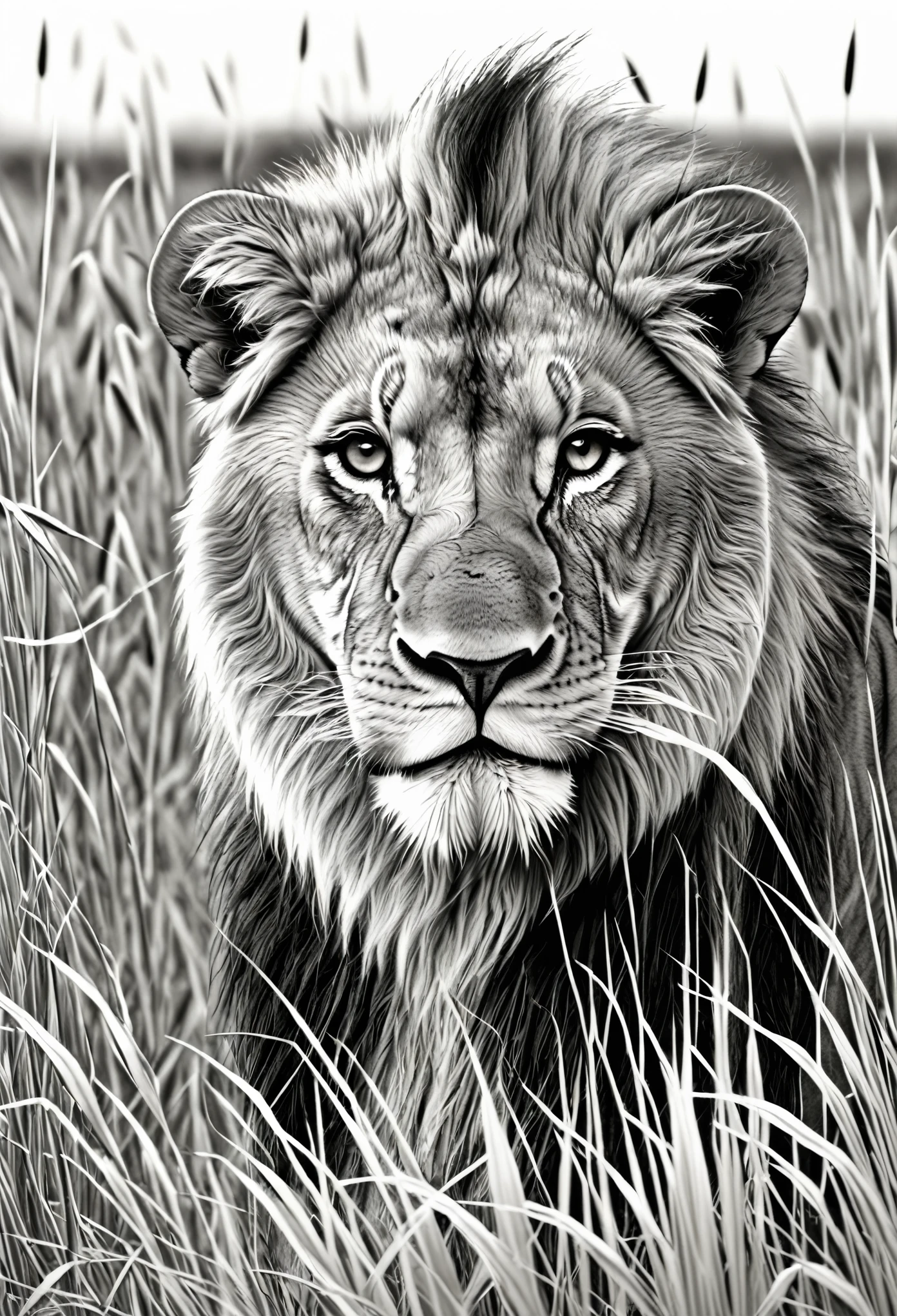 coloring page for kids,realistic lion head detail in the tall Africa grass lands, pack top quality, black and white