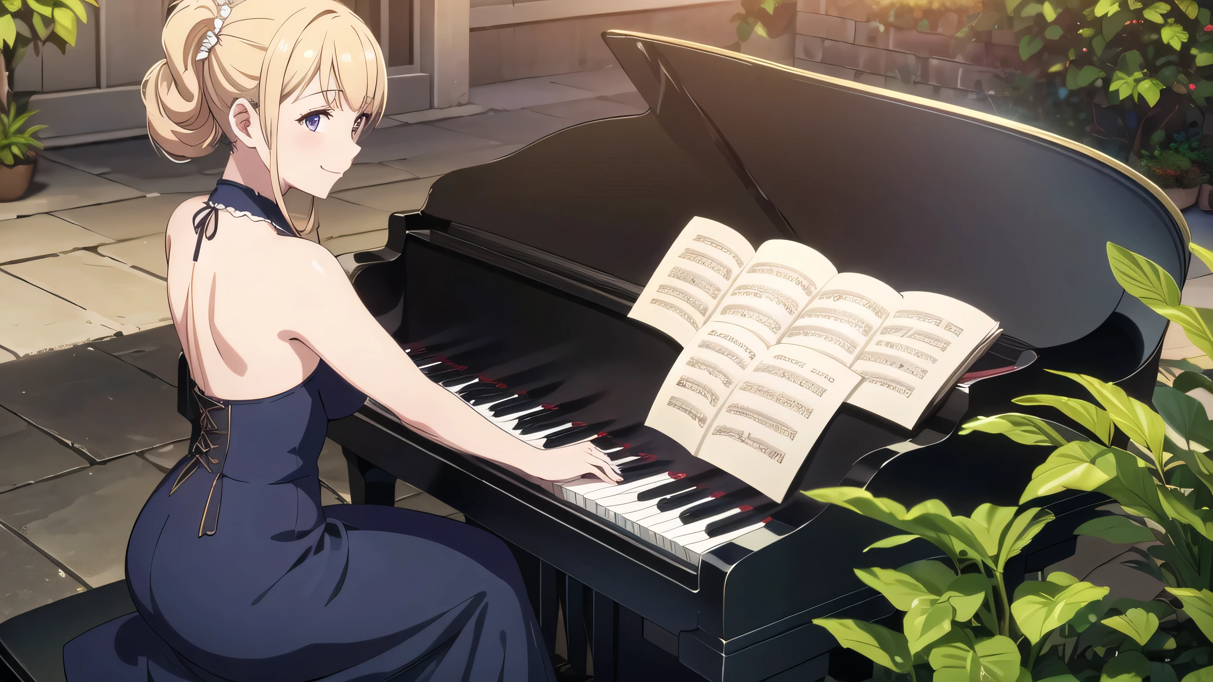 (In 8K, Ultra-high resolution, Best Quality, Masterpiece:1.2), (Realistic illustrations), (Highly Detailed CG Unity 8K Wallpaper), anime, (Beautiful girl playing piano in a large courtyard), feminine dress with frills, Detailed face, smile, plant,