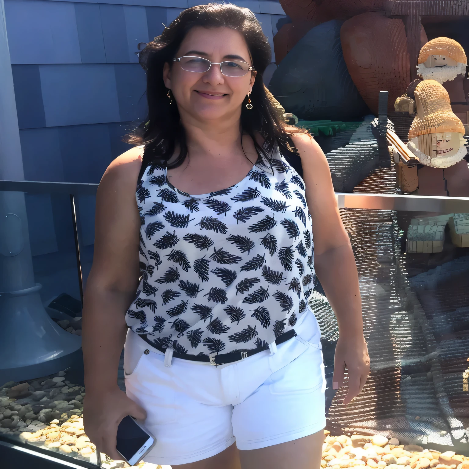 woman in white shorts and a leopard print tank top standing in front of a window, photo from the back, vacation photo, 3 0 years woman, about 3 5 years old, having a great time, dressed in a top and shorts, wearing a camisole and shorts, full-figure, 4 5 yo, by Kathleen Scott, she is about 50 years old