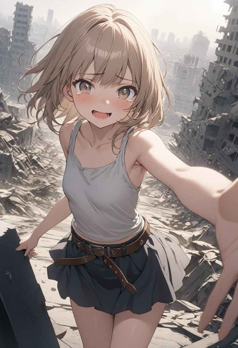 ((Masterpiece)), ((best quality)), (Anime:1.3), (super detail:1.2),(High Definition:1.3), (Professional Photography:1.2), (()), 1girl, cute teenage girlossy skin, tears, (sad smile), open mouth, (Swinging a knife in left hand), beautiful Slender body, (Healthy body), small breast, (pale brown Hair), loose blunt bangs, cute eyes, round eyes, (dirty ragged tanktop), Tattered skirt, (burly belt), BREAK, ((best quality)), ((standing on the collapsed city of the apocalypse)), (sharp focus), (perfect light),