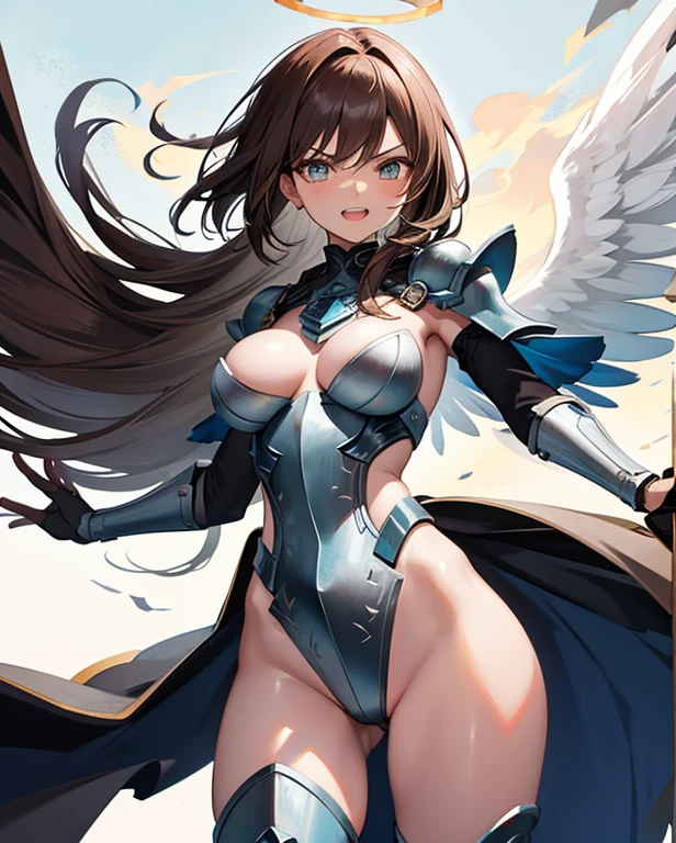 fantasy, 1angel_girl,, ,brown_hair, medium_bob_hair, long_bangs, halo,bare_shoulder,thighhighs,silver_armor, waist_armor, large_breasts,angry,grinning,open_mouth_teeth, 1pair_wings, dynamic_pose_fighting,floating, bare_crotch, headgear,gauntlet, greaves,city_sky_background,slightly_spread_legs, solo, groin_naked,dark_skin,