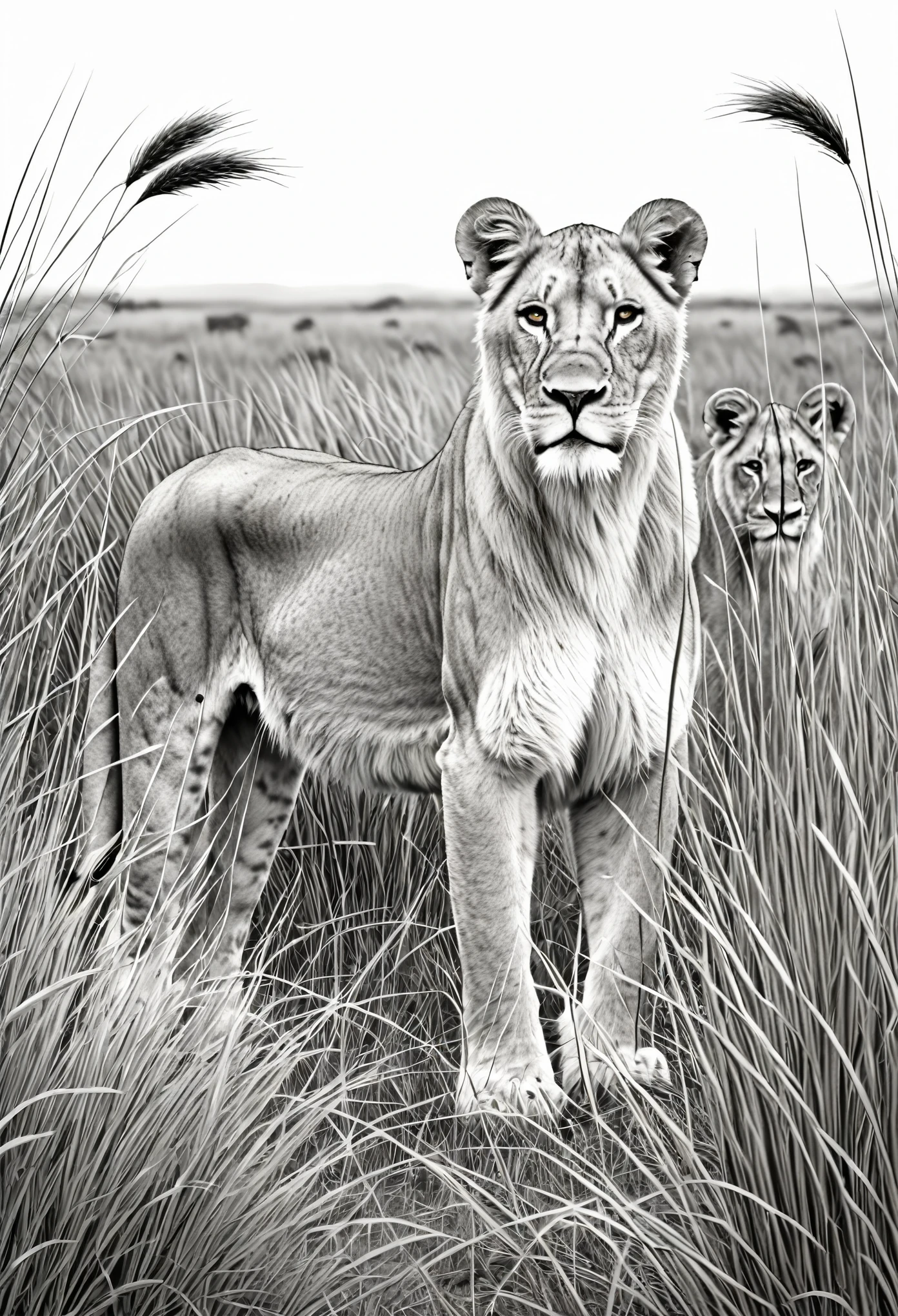 coloring page for kids,realistic detail of whole lion pack in the tall Africa grass lands, pack top quality, black and white