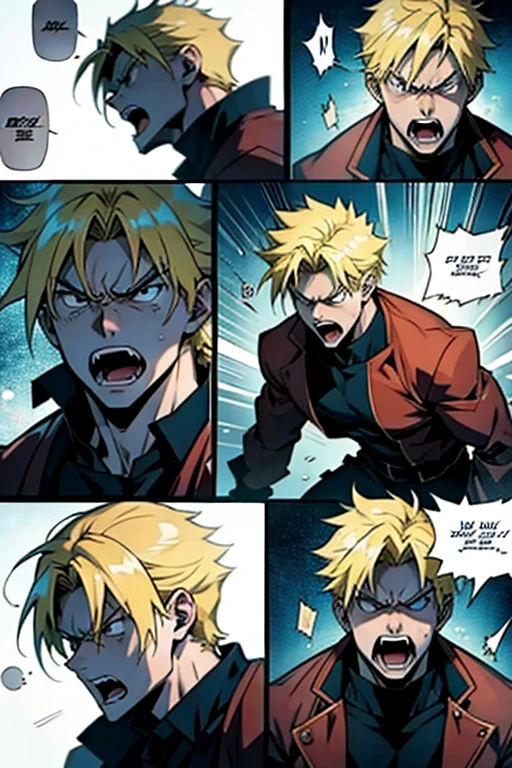 a anime of a man with blonde hair, red eyes, close up face, half face, open mouth, text bubble speech, shocked, sweat, sweatdrop, color manga, manga color, color manga, color manga panel, simple background, a white background