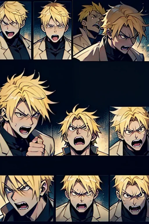 Anime guy with blonde hair extremely angry and screaming, intense fighting scene and expressions, manga page with panels and dialogue