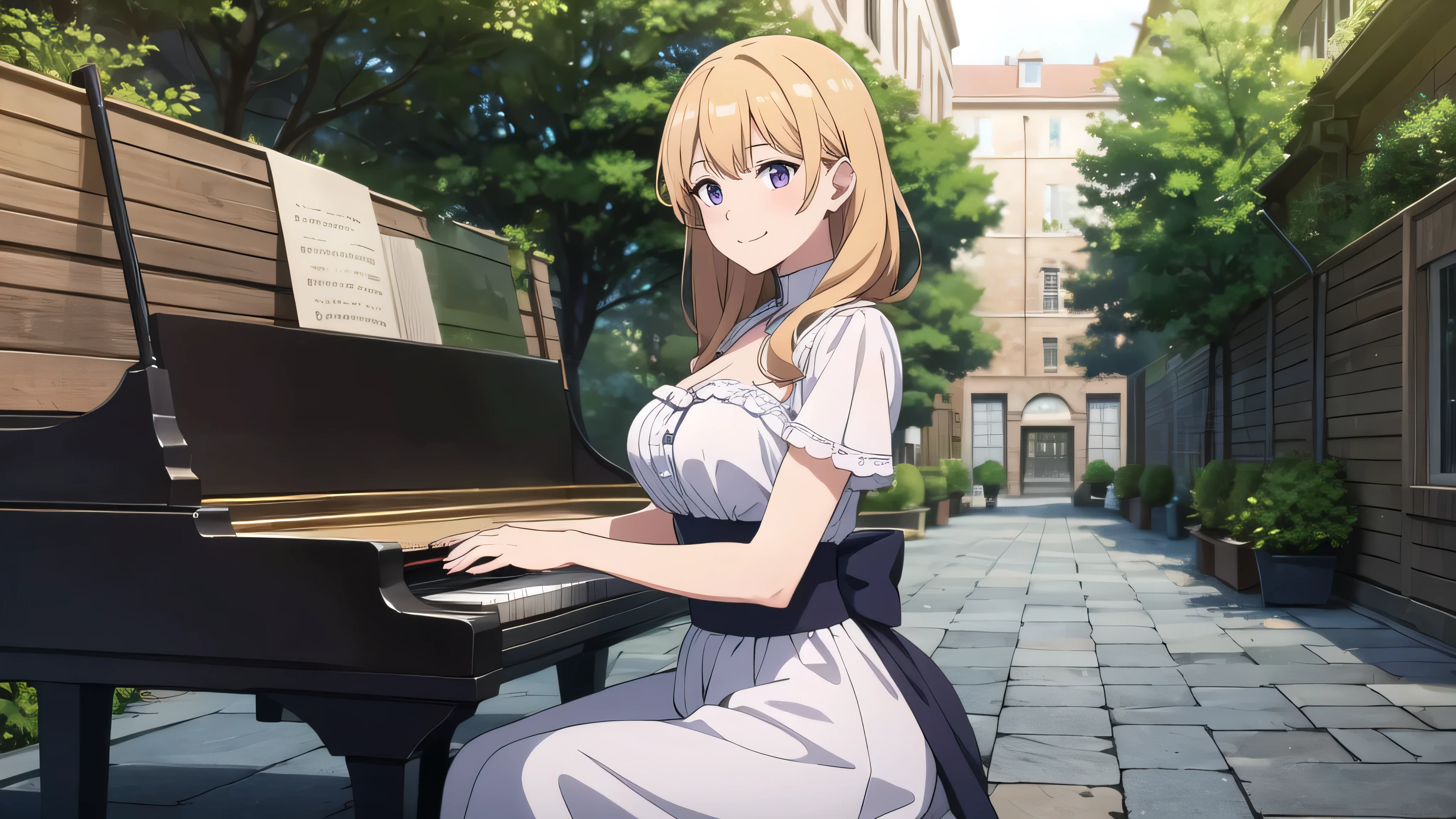 (In 8K, Ultra-high resolution, Best Quality, Masterpiece:1.2), (Realistic illustrations), (Highly Detailed CG Unity 8K Wallpaper), anime, (Beautiful girl playing piano in a large courtyard), feminine dress with frills, Detailed face, smile, plant,
