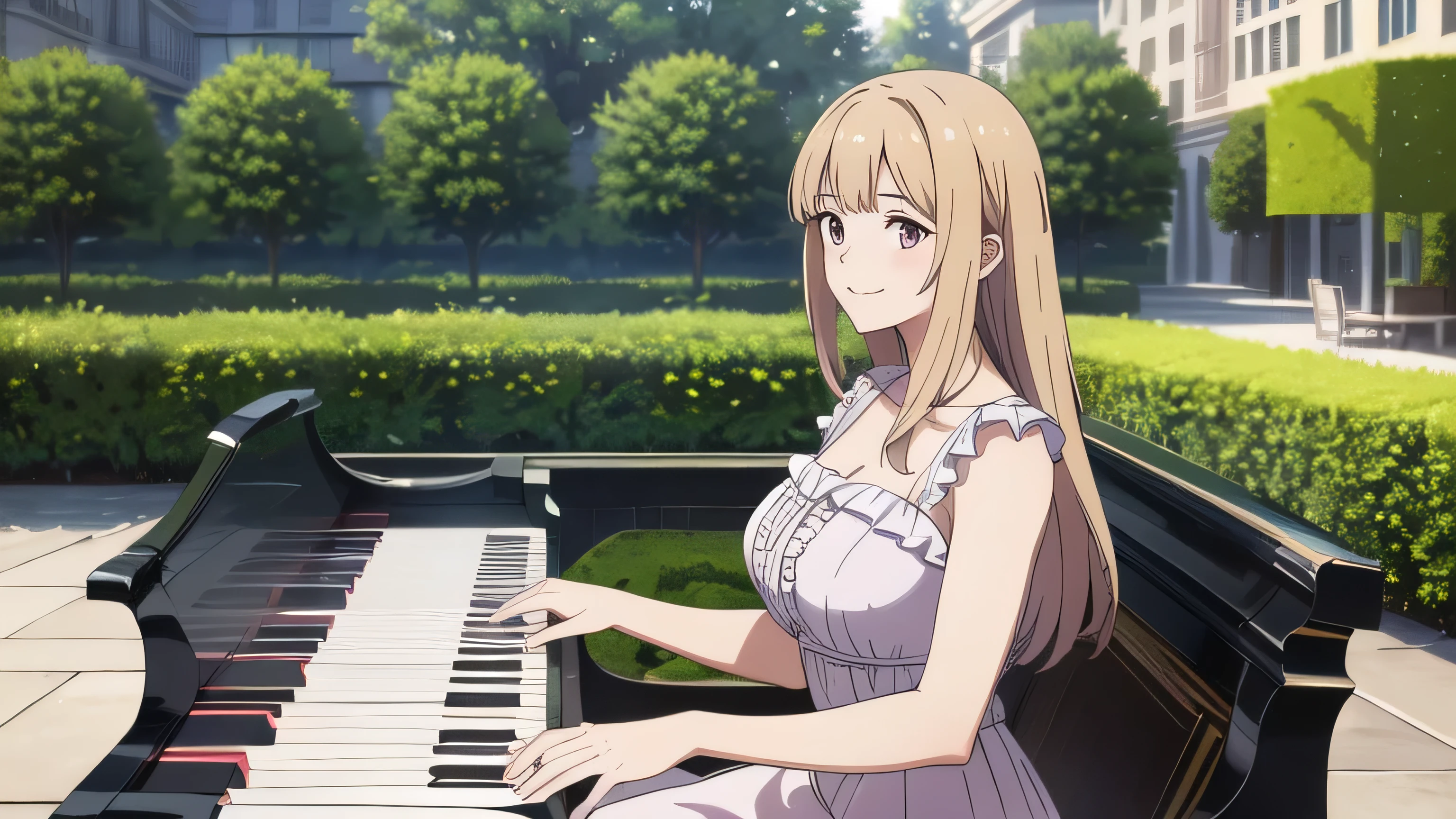 (In 8K, Ultra-high resolution, Best Quality, Masterpiece:1.2), (Realistic illustrations), (Highly Detailed CG Unity 8K Wallpaper), anime, (Beautiful girl playing piano in a large courtyard), feminine dress with frills, Detailed face, smile, plant, 