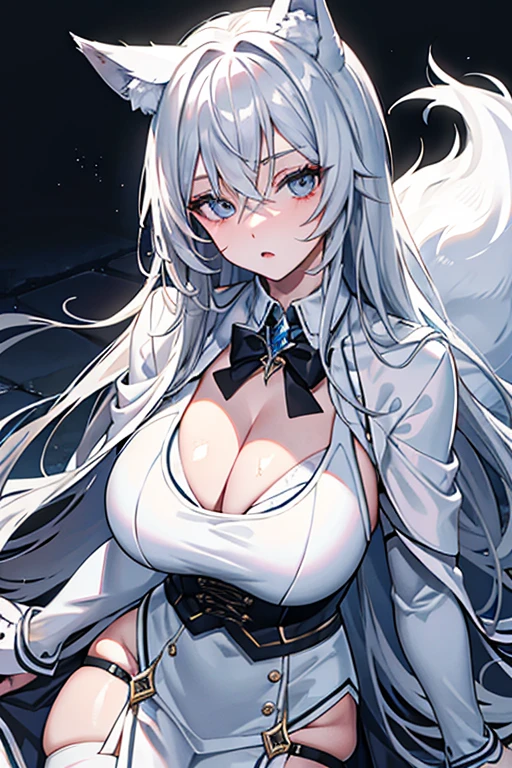 best qualtiy，tmasterpiece，The is very detailed，4K，Gray hair and shallow eyes，Drag cool expressions，Wolf ears，Erect scar on the left eye，British style，1girl，Absolutely beautiful, big bust, white costume