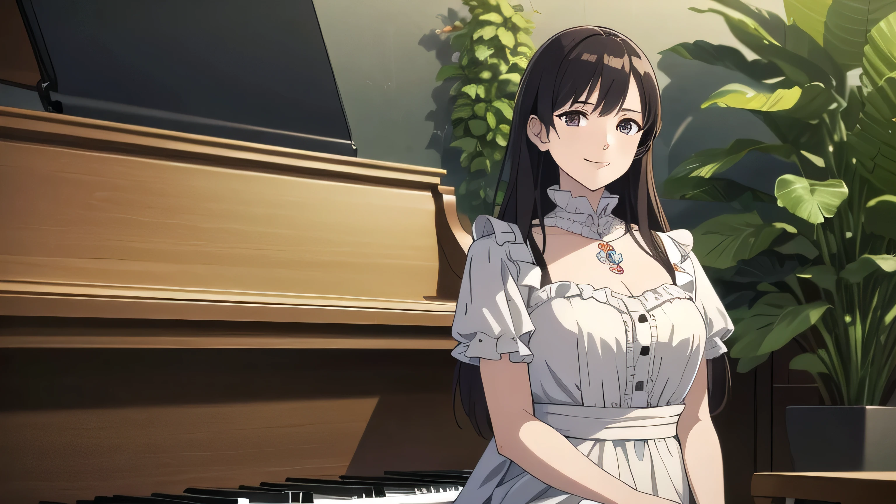 (In 8K, Ultra-high resolution, Best Quality, Masterpiece:1.2), (Realistic illustrations), (Highly Detailed CG Unity 8K Wallpaper), anime, (Beautiful girl playing piano in a big square), feminine dress with frills, Detailed face, smile, plant,