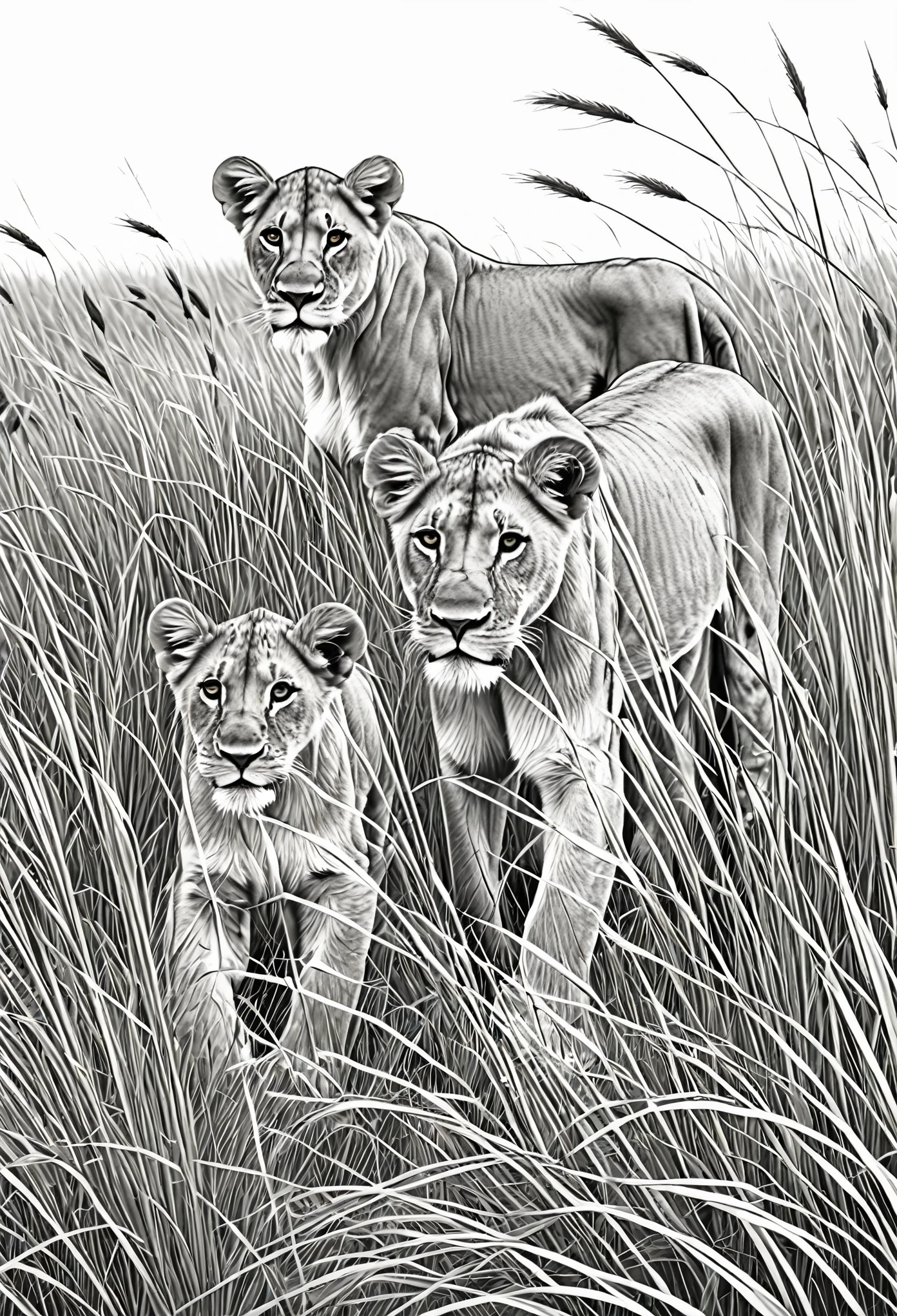 coloring page for kids,realistic detail of whole lion pack in the tall Africa grass lands, pack top quality, black and white