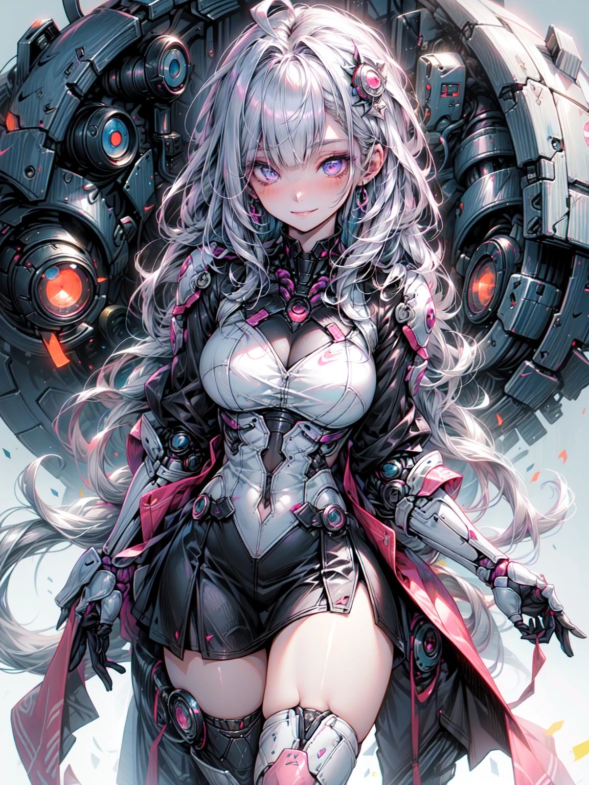 From above、highest quality, masterpiece, Actress Photos, Age 25, beautiful, Looking at the audience、Background white、Nike、Earringsの女性、Earrings、Laughter、Colorful Hair, Black shorts、Blunt bangs、(Black Skirt)、(1 girl:1.5, alone), Photorealistic, High resolution, Akame, Korean, Cowboy Shot、Gothic, Huge , (Perfect ???????:1.5)、Organic Armor Cyborg、Mechanical Armor、Blake、（Dark Elf), (1 girl), alone, Perfect Face, Get used to it, Ahoge, ((Long Hair:1.2)), (Hair above one eye:1.3), [[Messy Hair]], Shiny blonde white hair, Purple eyes, Variegated eyes, Colorful Hair, Shining Eyes, (eyelash, eye shadow, pink eye shadow), bright, smile, design art by Mikimoto Haruhiko, by Kawashi, by Yoshitaka Amano