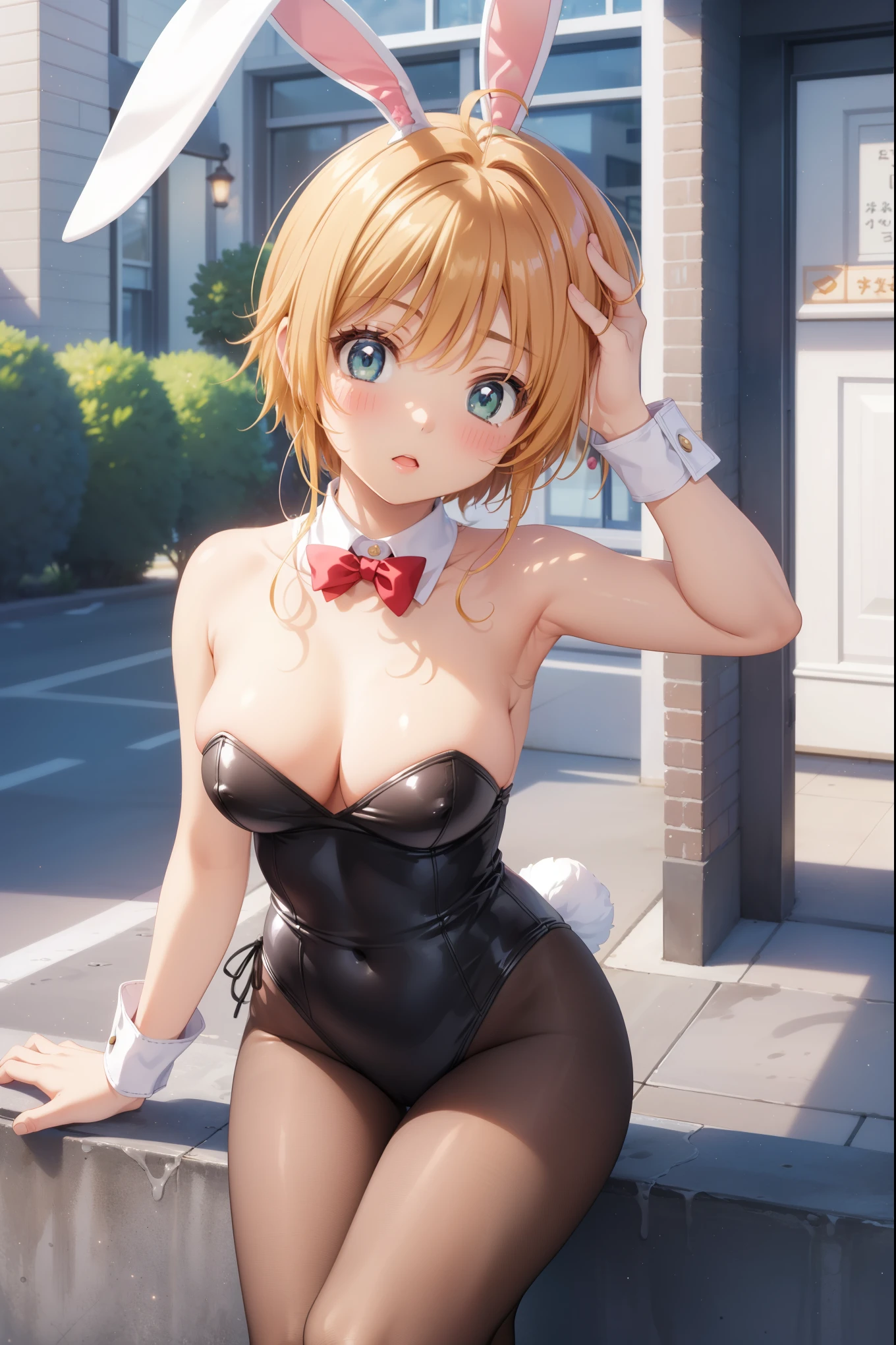 masterpiece, best quality, highres, (2girls), (multiple girls), detailed face, blush, anime CG style, (medium breasts), (18 year old girl:1.3), (aged up), good lighting, perfect body, sakura kinomoto, glossy lips, city street, strapless leotard, detached collar, wrist cuffs, (white fishnet tights), bunny ears, (curvy)