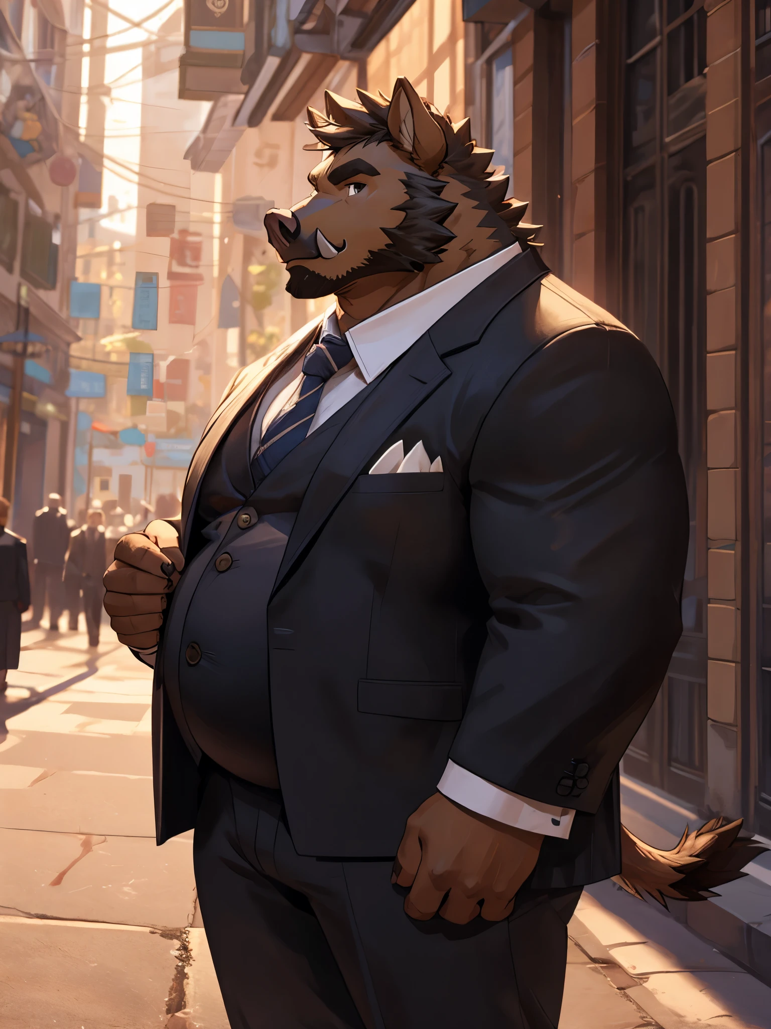 Anthropomorphic wild boar，have a fat belly，Succulent，Have chest muscles，brown hair，Standing on the street，Wear formal clothes，Wear a suit，A suit