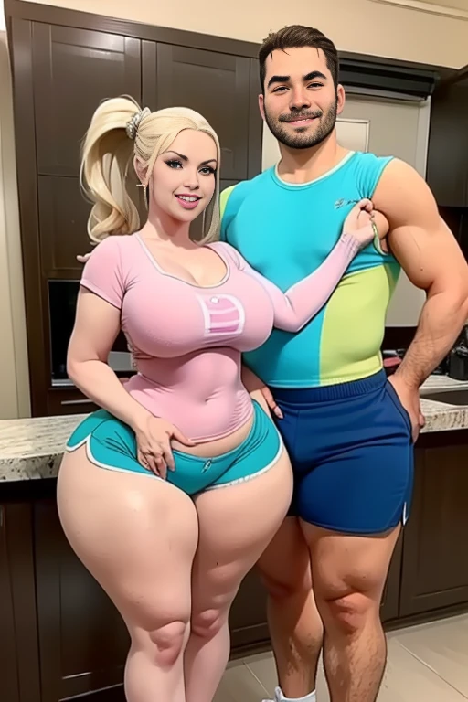 High resolution, (((two people in picture))), (one is a mature white girl, (((bimbo))), thick, long blonde, ponytail, she is smiling , very big wide ????, thick thighs, hourglass figure, small round ??????, ((she's wearing dolphin shorts))), (the other is a young muscular man, he's in shorts and a T-shirt, the man standing beside her, (((he's standing very close to her with his hand groping her hip))), (((they're both looking at the viewer smiling))), (((he's groping her hip))), (((he's grabbing her ???)))
