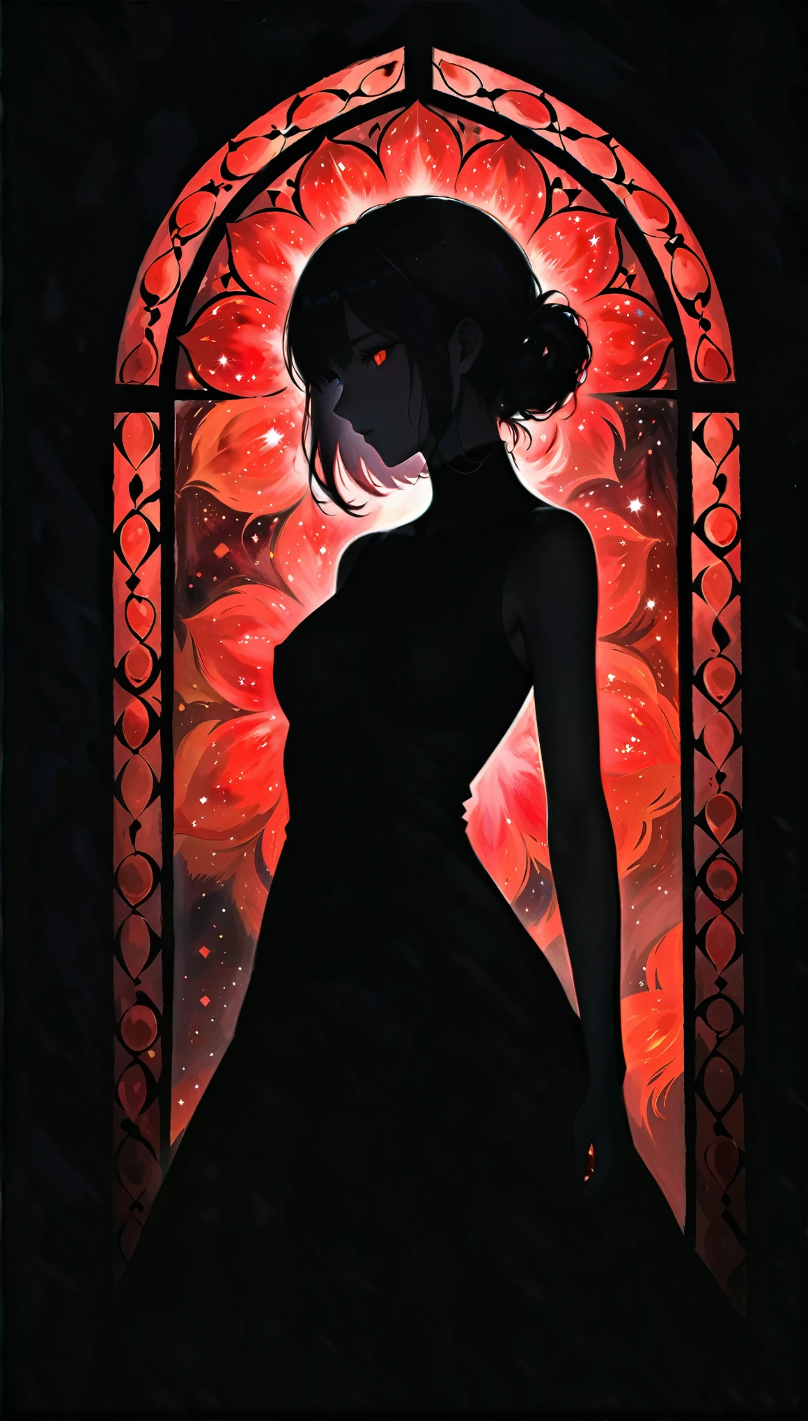 (in style of John Bauer:0.8),in style of Ashley Wood,in style of Lillian Bassman,
1girl,(black silhouette body:1.2),translucent arms,it was as if there was a nebula swirling in it,(nebula's glowing arms:1.3),black_background,character cutout,red eyes,(red stained glass:1.5),
BREAK
Detailed,(darkness:1.4),(very detailed shadows:1.3),absolute shadows,absolute darkness,