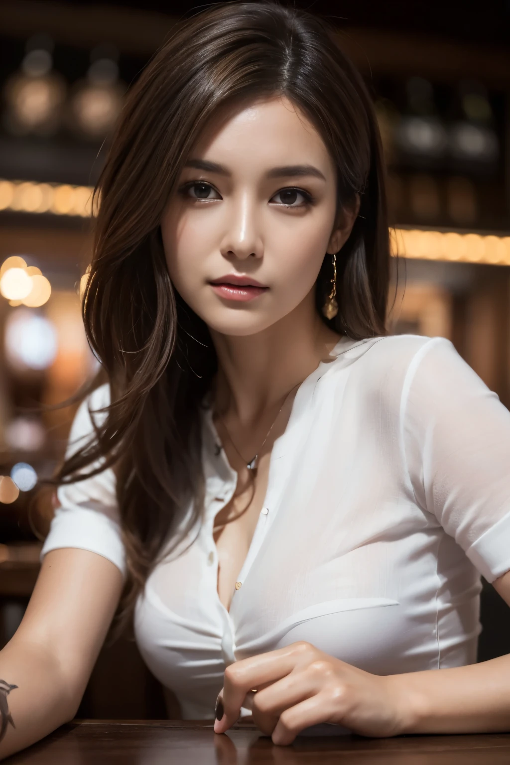 Tabletop, highest quality, Photorealistic, Super detailed, Fine details, High resolution, 8k wallpaper, One beautiful woman, Wear a casual shirt, At the pub, At night, Light brown messy hair, Perfect dynamic composition, Beautiful fine details