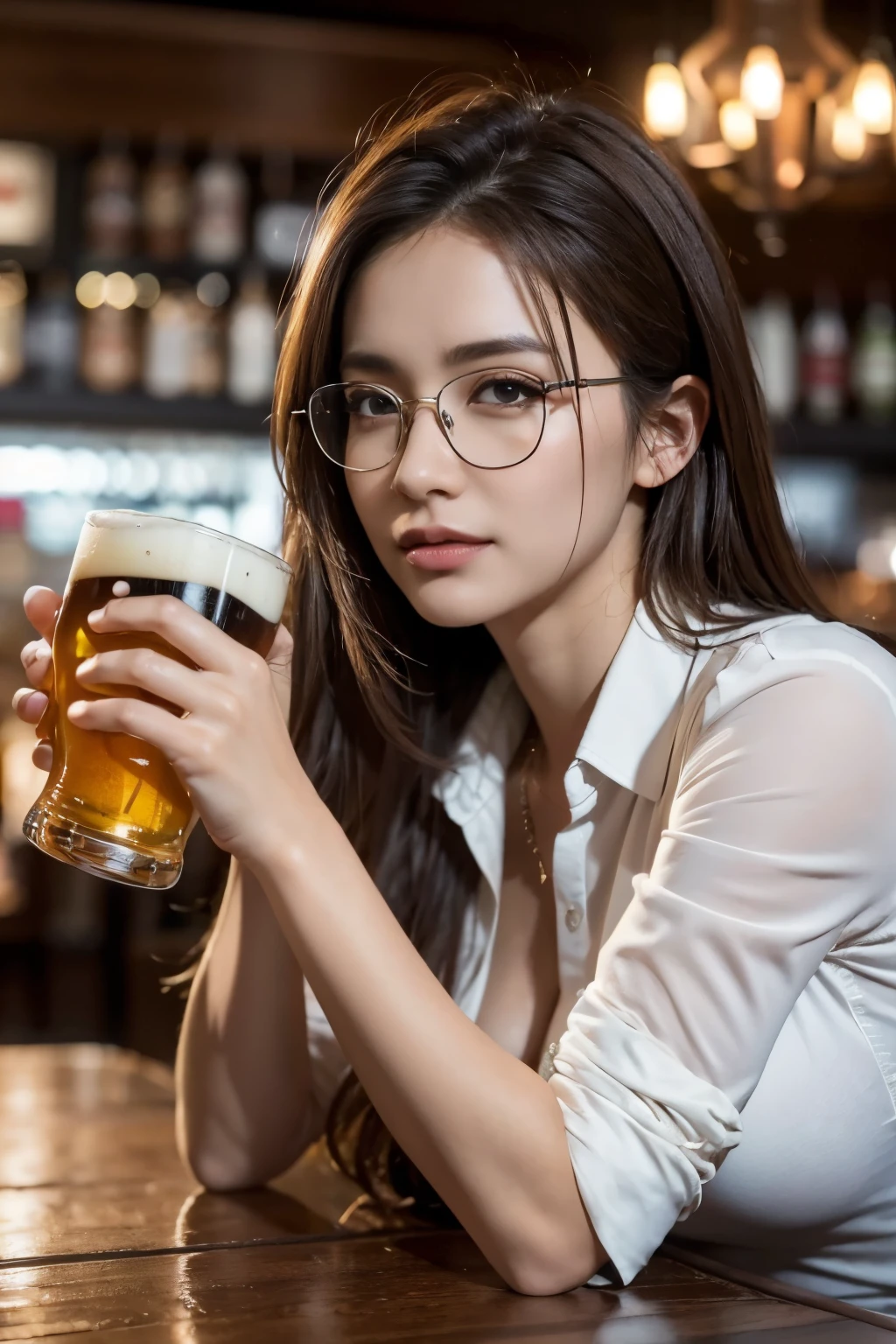 Tabletop, highest quality, Photorealistic, Super detailed, Fine details, High resolution, 8k wallpaper, One beautiful woman, Wear a casual shirt, At the pub, At night, Light brown messy hair, Perfect dynamic composition, Beautiful fine details, Beer glasses