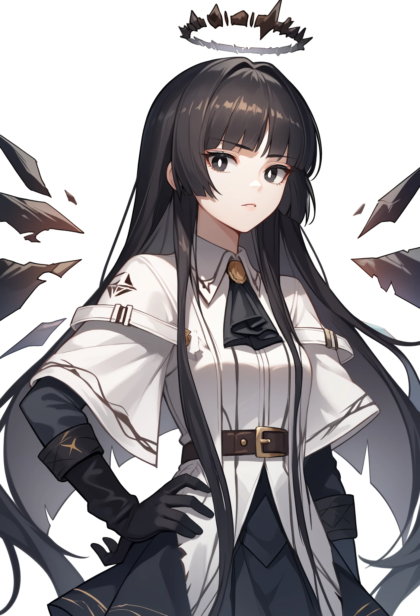 (score_9, score_8_up, score_7_up), source_anime, portrait, 1girl, solo, VirtuosaBase, black eyes, white pupils, long hair, hime cut, broken halo, black ascot, white shirt, capelet, black sleeves, black gloves, belt, black skirt, energy wings, standing, hand on hip, upper body, portrait, white background, simple background