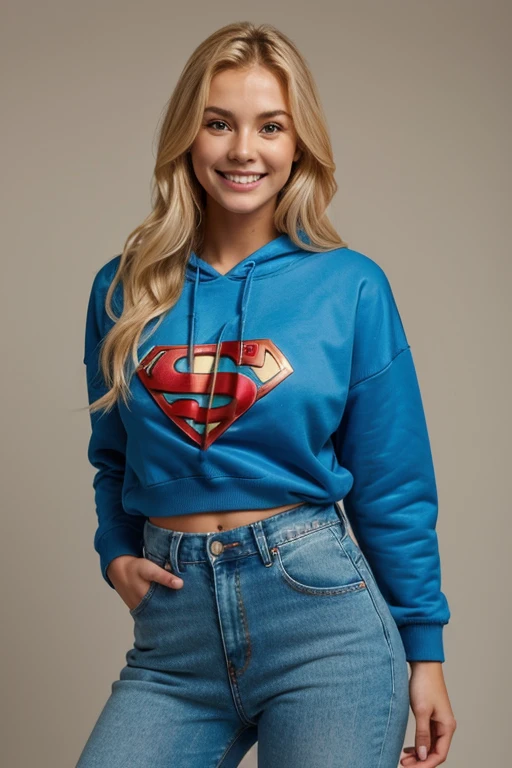 Super realistic girl with a beautiful realistic body with blonde hair dressed in sweatshirt and strong colored jeans wearing a sexy smile.