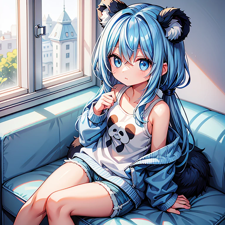 A young girl, with shoulder-length blue hair, and blue eyes, wearing a fluffy sweatshirt and short blue shorts. She is sitting in a white room next to a window. She is looking out the window. She has small panda ears. Soft lighting, cute room decorations. The room is dark and the light from the window shines onto her face.