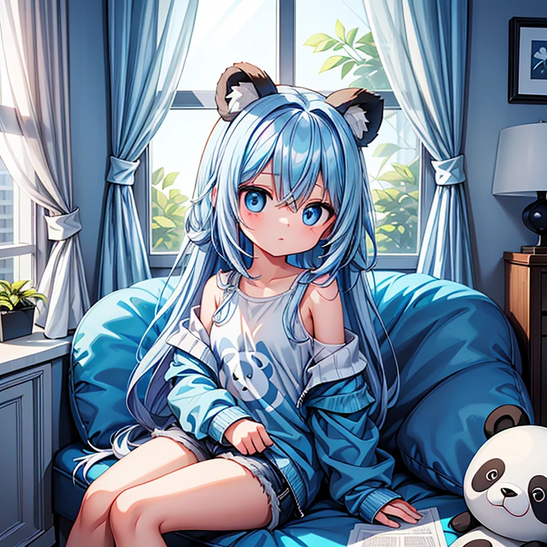A young girl, with shoulder-length blue hair, and blue eyes, wearing a fluffy sweatshirt and short blue shorts. She is sitting in a white room next to a window. She is looking out the window. She has small panda ears. Soft lighting, cute room decorations. The room is dark and the light from the window shines onto her face.