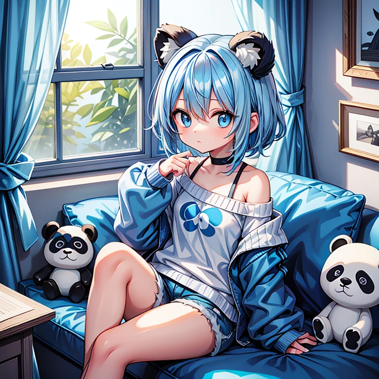 A young girl, with shoulder-length blue hair, and blue eyes, wearing a fluffy sweatshirt and short blue shorts. She is sitting in a white room next to a window. She is looking out the window. She has small panda ears. Soft lighting, cute room decorations. The room is dark and the light from the window shines onto her face.