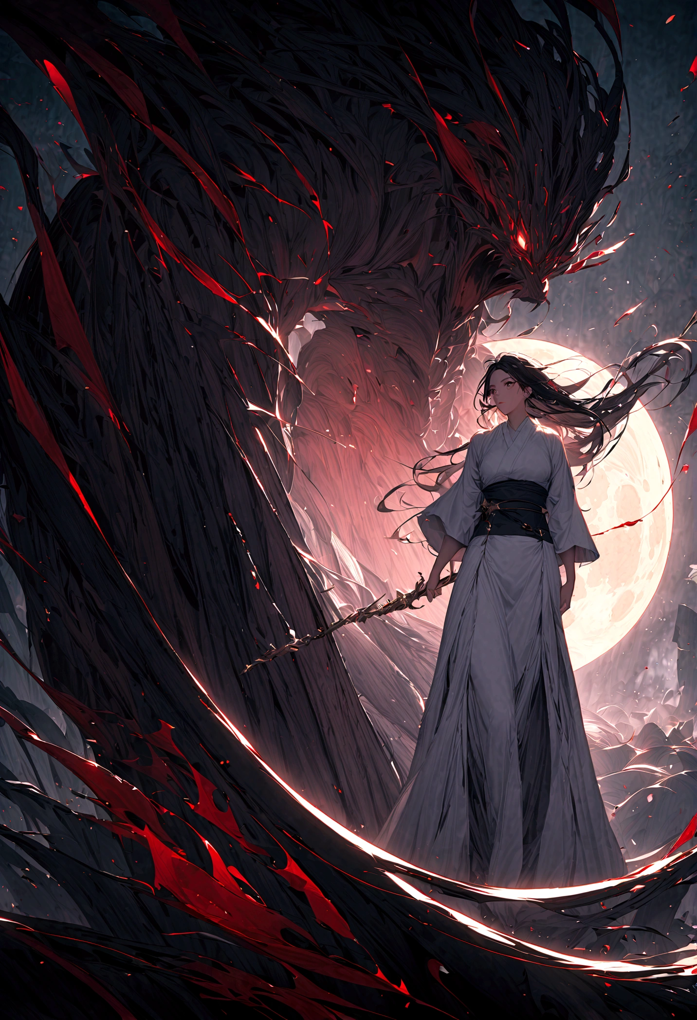 Two ceremonies，woman，White Kimono，Short flowing black hair，Swinging the sword sideways，whole body，Moonlit Night，Huge Moon，Firm and gentle eyes