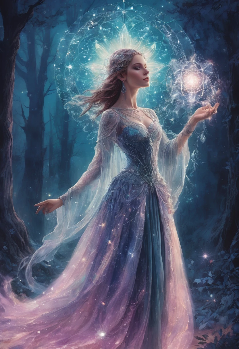 A mystical oneiromancer stands amidst the fading light of dusk, her attire sparkling as if made of crystallized dreams. The image depicts a spellbinding scene showcasing the enchanting figure with an ethereal quality. Her flowing garments glisten with an otherworldly aura, radiating a sense of mysticism and magic. The composition evokes a sense of wonder and fascination in the viewer. Graphic novel style with flat outlines and bold ink lines. Soft earthy tones. Dream catcher.