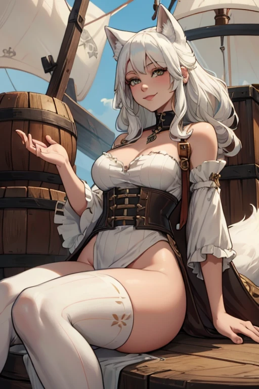 A young white haired fox woman with copper eyes and an hourglass figure and white fox ears and a white foxy tail in a pirate outfit is smiling while sitting on a barrel on a pirate ship