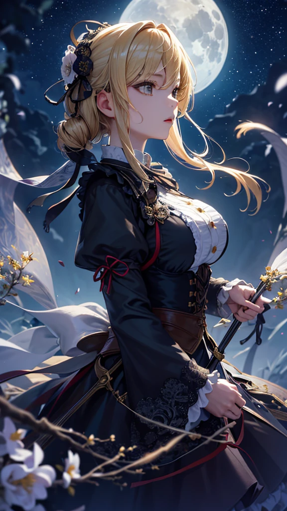 masterpiece, high quality, 4K, Beautiful design, silhouette，blonde， 非常に詳細な夜のStarry Sky,Flower Field， wonderful, Finer details,  Very knowledgeable woman, Highly detailed solo, 1 female,Big Breasts，Gothic Lolita Fashion，Night view，Starry Sky，full moon，