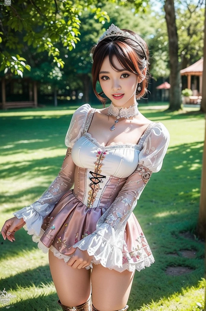 (nsfw), sexy stylish Thai model, only 1 female, ((doll-like appearance)), short Auburn stylish hair, ((shiny Victorian-Style boots)), (big smile), ultra detailed eyes, vivid eye makeup, lipgloss, long lashes, defined eyebrows, ((sexy Paradise Kiss cosplay)), bell-shaped skirt, petticoats, high neckline, puffed sleeves, ((ultra detailed lace)), ((ultra detailed embroidery)), intricate details, Paradise Kiss accessoires and matching headpiece, choker, ((large sparkling Paradise Kiss jewelry)), cinematic light, detailed large park background with trees
