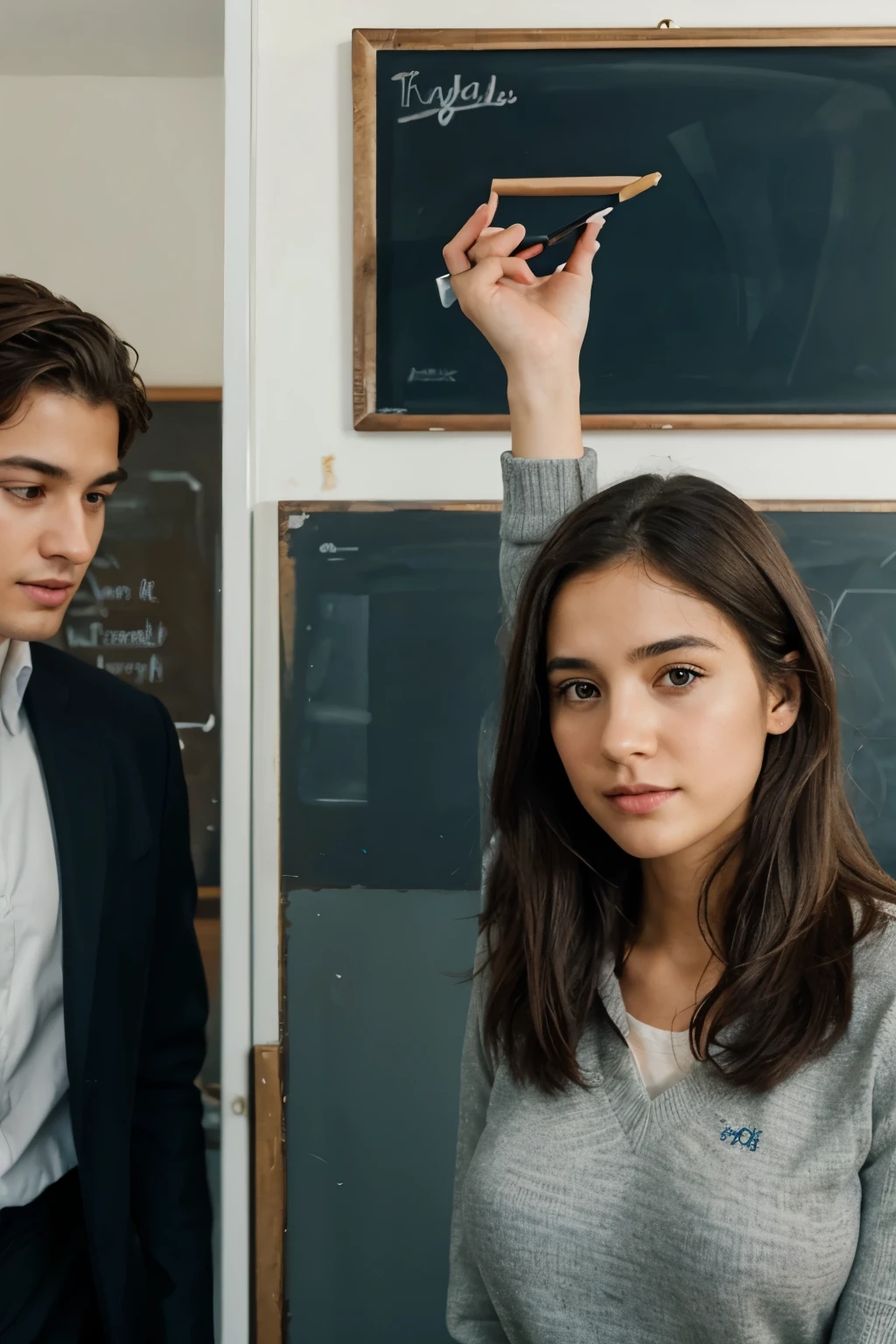 A book cover showing a young woman and a young CEO facing each other while erasing a chalkboard, with the title: Zaqueil in between their gap with cursive font of a phrase: Mr. CEO and his Tutor under it. Make it cinematic.
