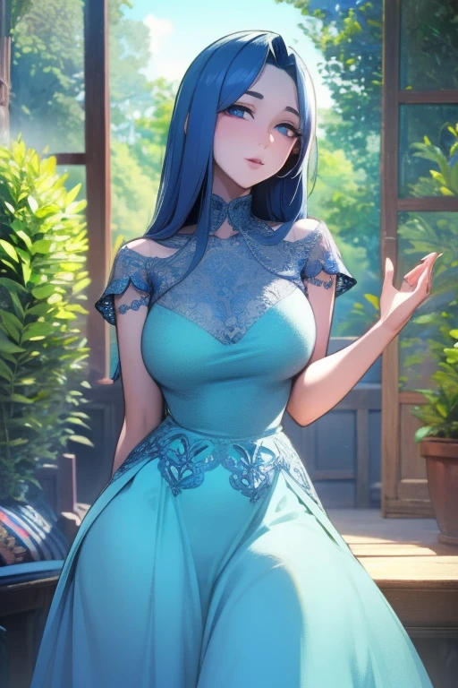 a beautiful princess in a lush garden, vibrant blue sky, detailed face and eyes, volumetric lighting, intricate details, photorealistic, high class fashion, masterpiece, professional digital art, cinematic color palette, using a palette of light pink, muted blue, dark grayish blue, bright blue, very dark gray, and light grayish blue
