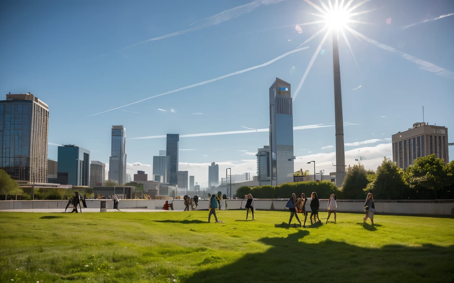 A illustration image of a vibrant green lawn, unfurling diagonally across a bustling city street like a giant green wave (/). On one side, a diverse group of people, young and old, push the lawn with joyous enthusiasm, their faces beaming with laughter and collaboration. They wear comfortable, eco-friendly clothing, some holding hands or cheering. Sunlight bathes the scene, casting long shadows from towering skyscrapers on the opposite side. (The contrasting side of the street reveals a stark reality: Smog hangs heavy in the air, obscuring the tops of buildings. Cars jam-packed in bumper-to-bumper traffic spew exhaust fumes. A few stressed-looking individuals navigate the chaos, their expressions a stark contrast to the joyful faces on the other side.), (Ecological elements weave throughout the image: The lush green lawn boasts wildflowers and native plants. Solar panels adorn greenroof rooftops on the "green" side. Wind turbines spin in the distance, symbolizing sustainable energy. Birds flit around the trees, absent from the polluted side.), The image should be capturing the vibrancy of the green side and the harshness of the polluted side. The joy of the people pushing the lawn is infectious, conveying a message of hope and the power of collective action. The contrasting realities highlight the importance of environmental preservation and reconnecting with nature for a happier, healthier life. The ecological side is bathed in warm sunlight, while the polluted side is shrouded in cool, bluish light and shades of gray.