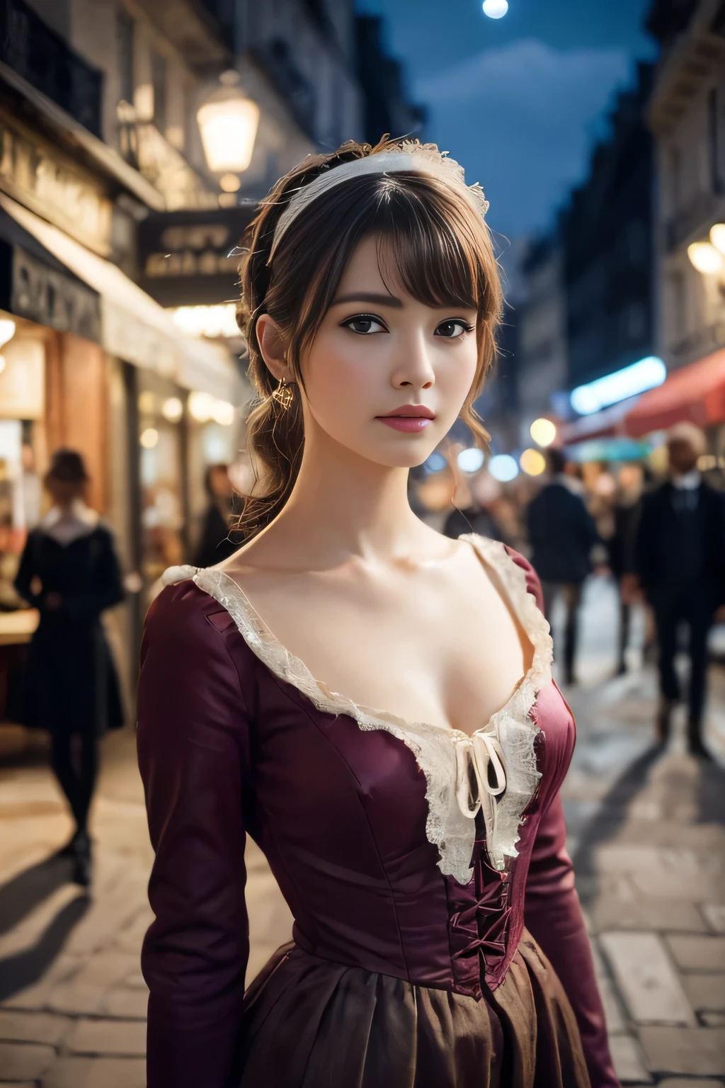 ((Tabletop:1.4, highest quality)), (Realistic photos:1.4),
((1 girl)), (Otherworldly beauty), (dream-like),
(超High resolution:1.2), Very delicate and beautiful, wonderful, Very detailed CG Unity 8k wallpaper, Very detailed, High resolution,
Soft Light, Beautiful detailed girl, Very detailedな目と顔, Beautiful and detailed nose, Beautiful and detailed,
(Dressed as a 19th century French lady:1.3),
Cinema Lighting, Perfect Anatomy, Slender body, (Parted bangs),
(Impressionist portrait of a beautiful lady), (night), (outdoor), (A street in Paris at the end of the 19th century), (Impressionist purple color scheme),
Cowboy Shot, Looking at the audience