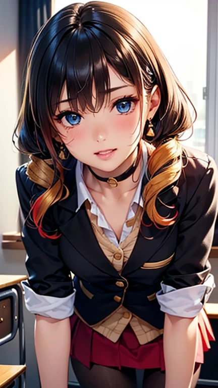A girl is posing for a photo,pretty girl,Enchanting girl,Anime Girls,
(((One Girl,Baby Face,16 years old))),
((Black blazer、White shirt with collar、red pleated skirt))、((Black Pantyhose、Dark brown loafers))、(Black choker、silver earrings)、
((Two-tone red and gold hair)、Long wavy twin tails:1.4),(Drooping eyes,blue eyes),(Small breasts),
BREAK
(Beautiful Hair,Shiny Hair),
(Expression of fine eyes,Beautiful and delicate eyes,Sparkling eyes,Eye Reflexes),
(double eyelid,Long eyelashes),
(Beautiful Nose,Thin Nose),
(Glossy lips,Beautiful Lips,Thick lips),
(Symmetrical facial features,Perfect Face),(((Detailed skin,Oily skin,Textured skin,Beautiful Skin))),
break
(Big smile、Embarrassed),
((noon、classroom+sunlight、Window)),((Are standing、Leaning forward, Angle from below、Cowboy Shot)),
break
(((highest quality)),((masterpiece)),((Very detailed))),((High resolution),(8k),(16k,1080p),(Anime 2D Rendering)),(Anatomically correct),
((Realistic)), (The best CG),Highly detailed art,CG illustration,